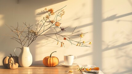 Aufkleber - Beautiful Scandinavian interior Green tree branches flowers in vase on wooden desk table Cup of coffee pumpkins Empty wall mockup background elegant indoor summer or Thanksgiving decor : Generative AI