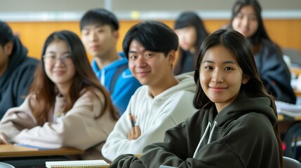 Aufkleber - university classroom diverse group of young students Asian collaborate study together sharing smiles and insights around desks exemplifying the joy of learning and friendship in higher : Generative AI