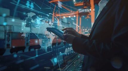 Poster - Multiple exposures of Businessman touching tablet for analyze stock at logistics port and world map with logistic network distribution : Generative AI