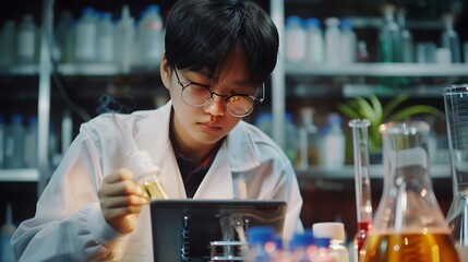 Aufkleber - Tablet scientist and happy for analysis in laboratory healthcare and reading of online pharmaceutical research Asian expert technology or connection for innovation or information in bi : Generative AI