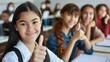 © The Little Hut - Pretty girl showing thumbs up sit at desk with diverse multiethnic schoolmates smile looking at camera Gesture of approval profession choice make recommendation about study in higher i : Generative AI