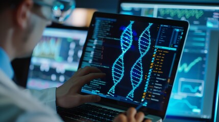 Poster - Doctor studying genetic disease in DNA research with laptop analyze genetic data formulate medical treatment strategies and develop healthcare plan for patient with innovative solution : Generative AI