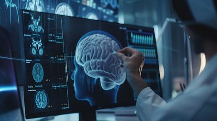 Poster - Doctor checking brain testing result with innovative medical technology diagnose and examine patient brain with intelligence software AI Medical healthcare and digital science in futur : Generative AI