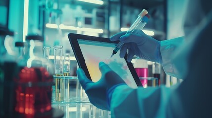 Aufkleber - Tablet science and group of people in laboratory for learning cancer cure or medical development Training investigation and research with scientist team in clinical trial for medicine  : Generative AI