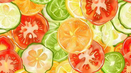 Poster - Bright and colorful seamless pattern featuring different vegetable slices.
