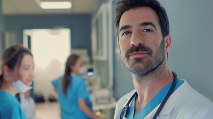 Poster - Male Doctor hospital and portrait with team for medical service healthcare and insurance for medicine Expert nurse clinic and confident for wellness health worker or specialist surgeon : Generative AI