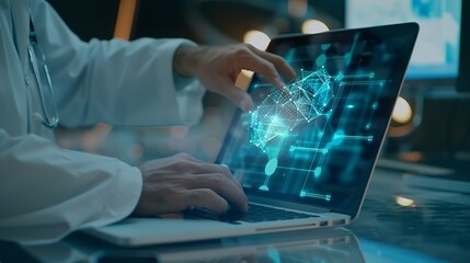 Poster - Medical doctor working on laptop with medical network Medical technology and Healthcare concept : Generative AI