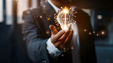 Poster - AI Artificial Intelligence Technology concept Businessman holding a glowing lightbulb with AI symbol representing artificial intelligence technology innovation and future digital advan : Generative AI