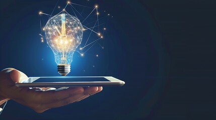 Leinwandbilder - Hand holding tablet with bulb for Artificial Intelligence or AI brain analysis informationTechnology and science conceptmachine learning systemHitech and futuristic world : Generative AI