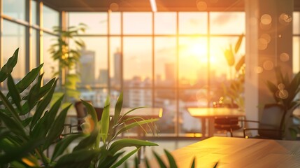 Poster - Blur background of office interior with large windows with city urban view plants and wooden desks at sunset Modern workplace and urban greenery concept Design for poster wallpaper Spa : Generative AI