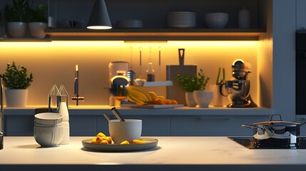 Poster - Interior of modern kitchen with glowing lamps table white counters at evening : Generative AI