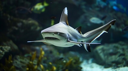 Poster - Reef shark swimming The Caribbean reef shark is a species of requiem shark belonging to the family Carcharhinidae It is found in the tropical waters of the western Atlantic Ocean from  : Generative AI