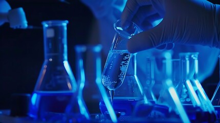 Fototapete - Closeup hands dropping fluid from dropper flask beaker into blue test tube sample laboratory for compare in medicine chemical biology medical science experiment technology biotechnolog : Generative AI