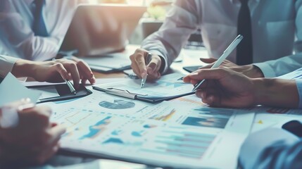 Fototapete - Office expert and business people in meeting teamwork and planning with feedback for funding proposal Accounting broker and employees with conversation review finances and trading with : Generative AI