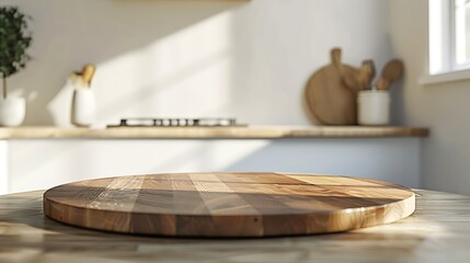 Poster - Empty beautiful round wood tabletop counter on interior in clean and bright kitchen background Ready for display Banner for product montage : Generative AI