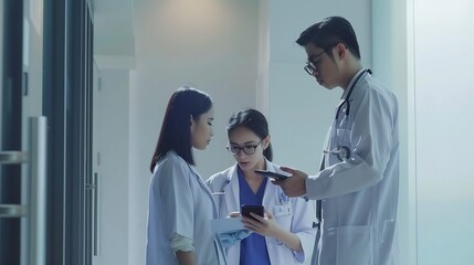 Poster - Healthcare teamwork and doctor with nurses medicine and talking together at hospital with trust Medical collaboration and smartphone with clinic result and specialist for diagnosis and : Generative AI