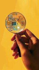 Poster - Close-up of a hand holding a magnifying glass focusing on a microchip, yellow background. Technology and electronics concept.