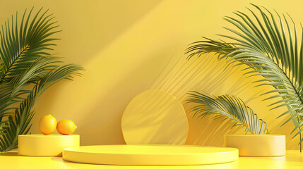 Poster - Yellow podium product background 3d summer display platform nature minimal. Product stand yellow background podium 3d tropical stage scene palm beauty mockup cosmetic abstract table autumn food banner