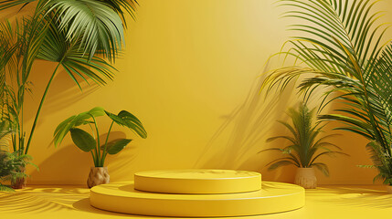 Poster - Yellow podium product background 3d summer display platform nature minimal. Product stand yellow background podium 3d tropical stage scene palm beauty mockup cosmetic abstract table autumn food banner