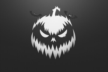 A spooky white jack-o'-lantern with a menacing grin and two bats against a dark gray background.