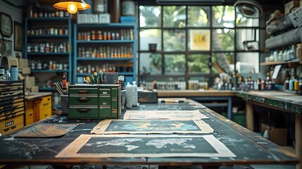 Wall Mural - Tattoo stencils of various animal designs a workbench in a tattoo studio Organized workspace animal stencils