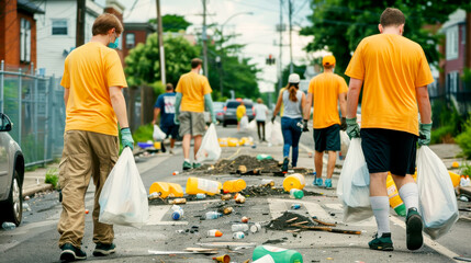 Volunteers cleaning urban area, collecting trash and debris, promoting community service and environmental awareness.