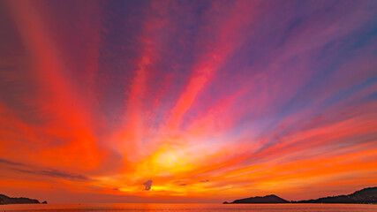 Poster - Nature landscape beautiful Light Sunset or sunrise over sea,Colorful clouds dramatic sky seascape,Amazing clouds in sunset sky background