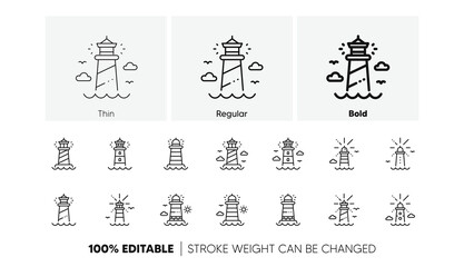 Wall Mural - Searchlight tower with seagull for marine navigation of ships. Lighthouse line icons. Sea pharos, lighthouse or beacon icons. Linear set. Line icons set. Vector