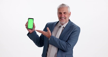 Aufkleber - Business, phone and face of man with green screen for presentation, tips or web guide in studio. Chromakey, ux and mature businessman with smartphone connection to mobile app on white background
