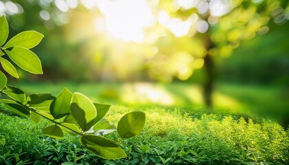 Wall Mural - green natural view of green leaves in park with blurry image green trees and sunlight in the morning