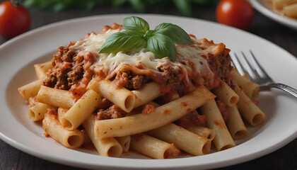 Sticker - baked ziti pasta with sauce, ground beef, and cheese