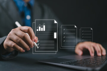 Poster - Businessman taking business questionnaire. Questionnaire with checkboxes, filling survey form online, answer questions of test. Survey form concept.