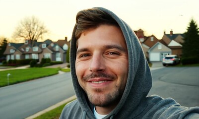 Wall Mural - Portrait of a young man in a hoodie smiling at the camera