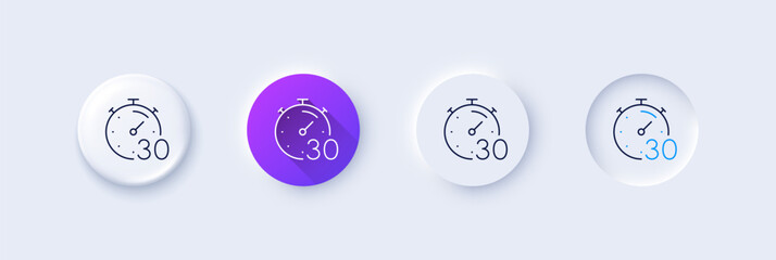 Wall Mural - Timer 30 minutes line icon. Neumorphic, Purple gradient, 3d pin buttons. Stopwatch time sign. Countdown clock symbol. Line icons. Neumorphic buttons with outline signs. Vector