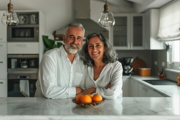 Wall Mural - a man and woman sitting at a table with a bowl of oranges