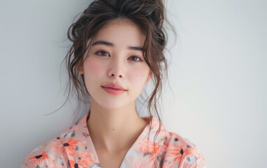 Wall Mural - A beautiful Japanese girl, wearing floral pajamas, smiles softly while relaxing at home during the afternoon light