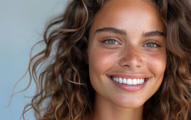 Wall Mural - A beautiful brunette model with curly hair smiles warmly, showcasing her radiant skin and captivating eyes in a natural environment