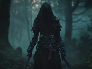 Wall Mural - a person in a black robe with a hood and sword in the woods