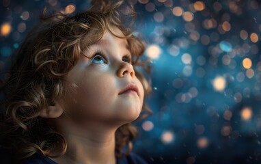 A child looks up with wonder, surrounded by a beautiful, magical backdrop filled with twinkling stars and soft bokeh lights