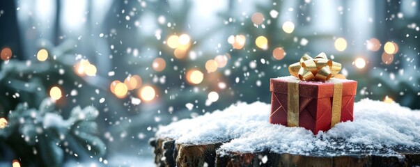 Aufkleber - Christmas present in snow with festive bokeh lights, holiday season celebration concept