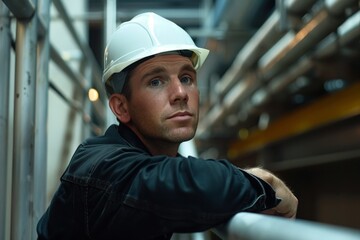 Construction Worker in Hard Hat, Leaning on Railing