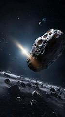 Wall Mural - a large asteroid with craters passes a smaller asteroid, with a bright sun shining behind it.