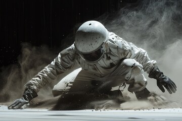 Wall Mural - Astronaut in White Suit Kneeling in Dusty Environment