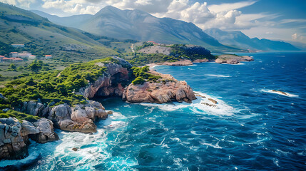 Poster - Aerial view of sea waves and fantastic Rocky coast, Montenegro