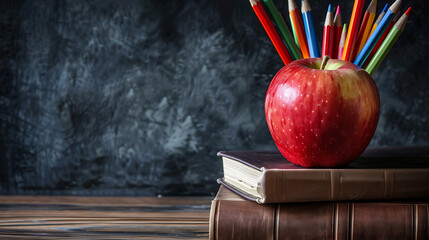 Poster - Apple On Stack Of Books With Pencils And Blank Chalkboard - Back To School