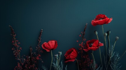 Canvas Print - Red Poppies on a Teal Background