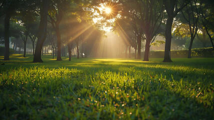 Aufkleber - beautiful morning light in public park with green grass field an