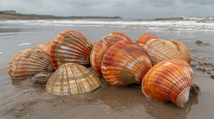 Wall Mural - A cluster of vibrant seashells resting on the sandy beach with waves in the background