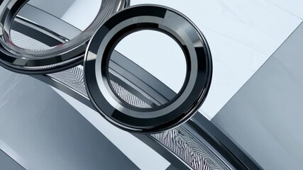 Poster - Sleek Metallic Rings Rotate Gracefully in a Minimalist Setting at Dusk. Generative AI