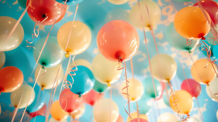 Colorful balloons floating on the ceiling of a party in vintage